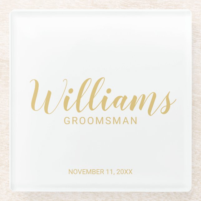 Modern Script Gold Personalized Groomsmen Glass Coaster (Front)