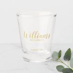 Modern Script Gold Personalized Groomsmen Shot Glass<br><div class="desc">Modern Script White and Gold Personalized Groomsmen Shot Glass featuring personalized groomsman's name in gold modern calligraphy font style with title and wedding date in modern sans serif font style. Also perfect for Bridesmaid, Maid of Honor, Father of the Bride, Best man and more. Please Note: The foil details are...</div>