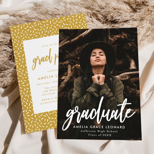Modern Script Gold Photo Graduation Party Invitation (Creator Uploaded)