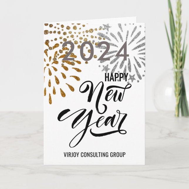 Modern Script Gold Silver Fireworks Business Holiday Card (Front)