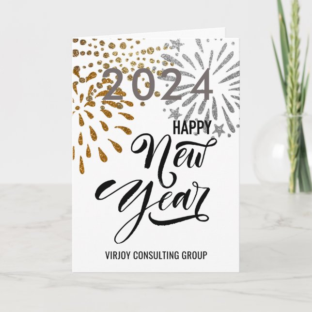 Modern Script Gold Silver Fireworks Business Photo Holiday Card (Front)