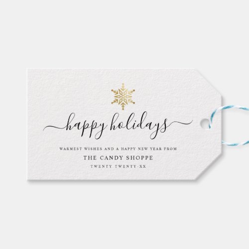Modern Script Gold Snowflake Business Holiday Gift Tags
