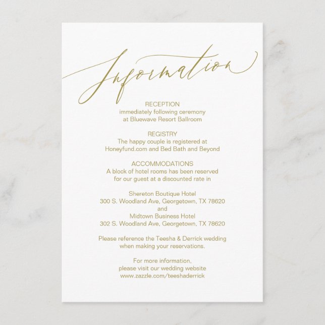 Modern Script, Gold, Wedding Information Card (Front)