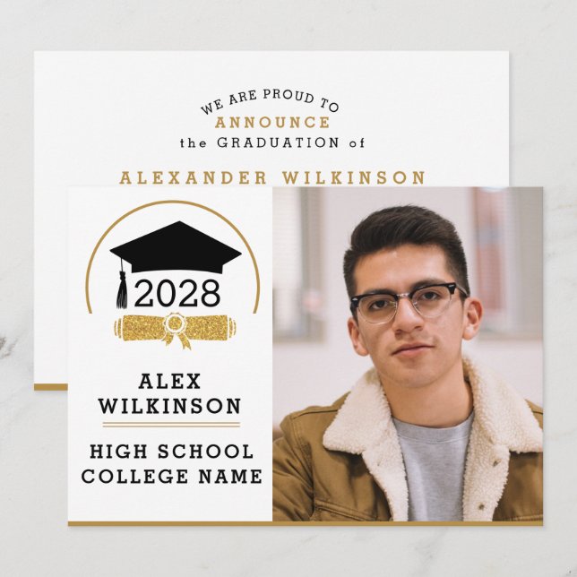Modern Script Grad Cap Simple Photo Graduation Announcement (Front/Back)