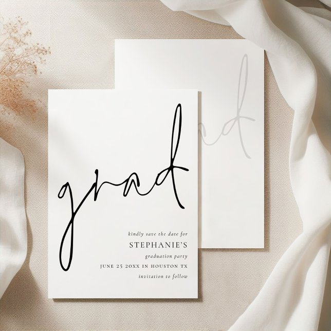 Modern Script Grad Graduation Save the Date (Front and back view)