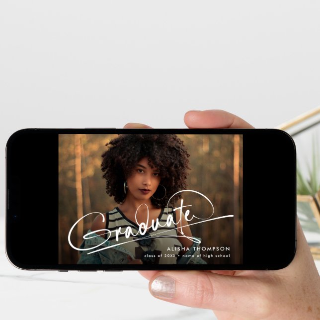 Modern Script Graduate 3 Photo Collage Graduation Announcement (Front Digital)