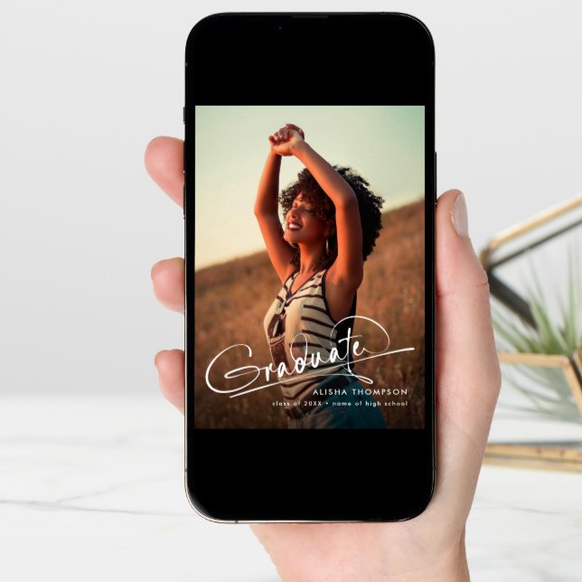 Modern Script Graduate 3 Photo Collage Graduation Announcement (Front Digital)