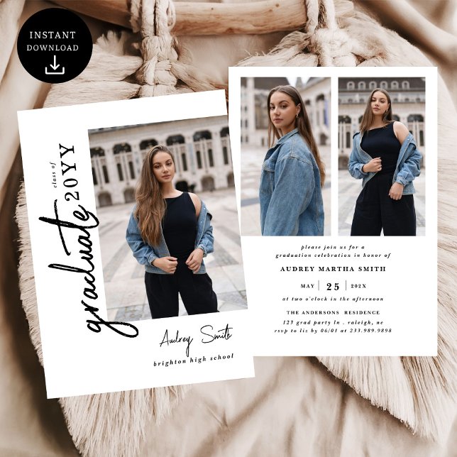 Modern Script Graduate 3 Photo Graduation Invitation (Creator Uploaded)