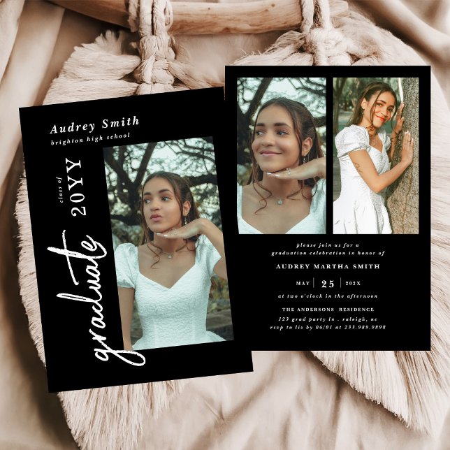 Modern Script Graduate 3 Photo Graduation Invitation (Creator Uploaded)