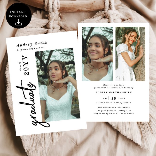 Modern Script Graduate 3 Photo Graduation Invitation (Creator Uploaded)