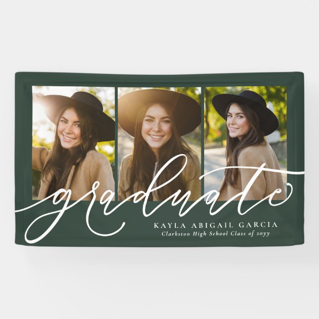 Modern script graduate 3 photo green graduation banner (Horizontal)