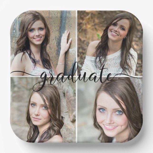 Modern Script GRADUATE 4 Photo Collage Paper Plates (Front)