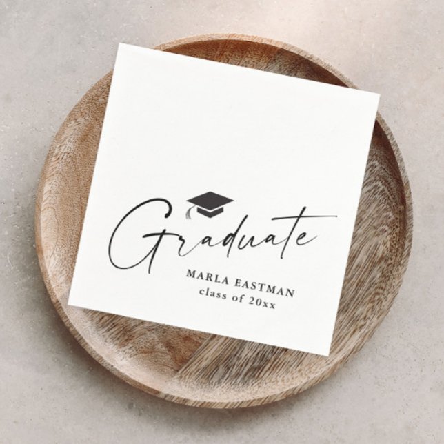 Modern Script Graduate Black and White Graduation  Napkins (Modern elegant script black and white graduation party napkin.)