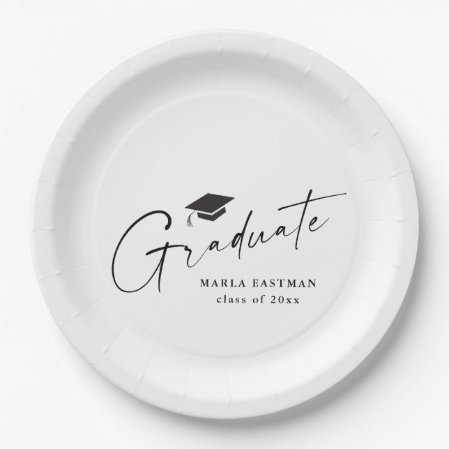 Modern Script Graduate Black and White Graduation  Paper Plates (Front)