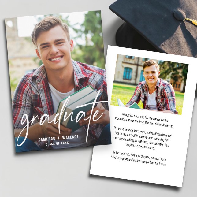 Modern Script Graduate Custom Photos Graduation Announcement (Male graduation senior photo announcement cards.)