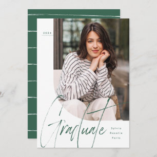 Modern script graduate green two photo graduation announcement