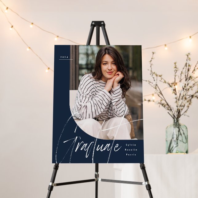 Modern script graduate navy graduation party photo foam board (In Situ (Stand))