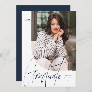 Modern script graduate navy one photo graduation invitation
