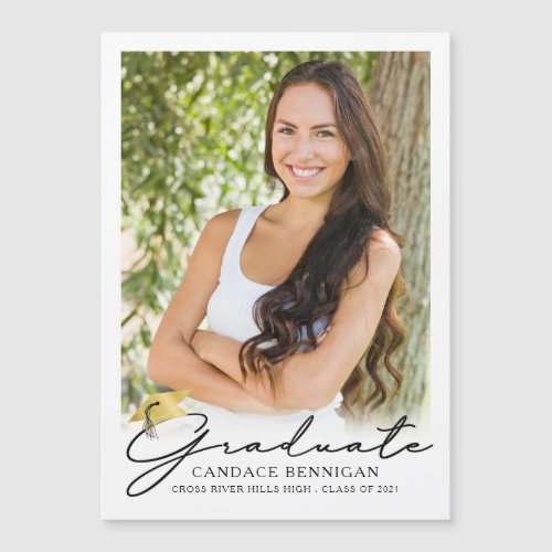 Modern Script Graduate Photo Black Gold Cap - Announce your high school or college graduate's achievement with this keepsake magnetic photo announcement featuring a modern, elegant handwritten script typography GRADUATE title design with a faux metallic gold foil graduation cap or mortarboard accent, your graduate's name and school and class year or your custom text. ASSISTANCE:  For help with design modification or personalization, color change, transferring the design to another product or you would like coordinating items, contact the designer BEFORE ORDERING via the Zazzle Chat MESSAGE tab or email makeitaboutyoustore@gmail.com.