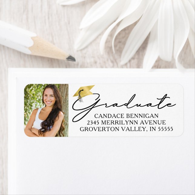 Modern Script Graduate Photo Black Gold Cap Label (Insitu)