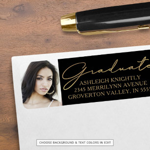 Modern Script Graduate Photo Black Gold Label