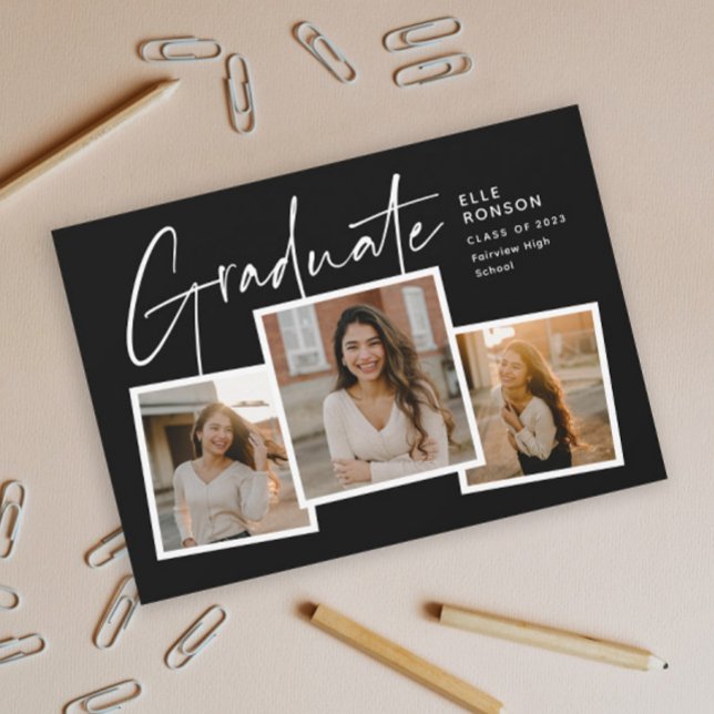 Modern Script Graduate Photo Collage Graduation Announcement (Modern script photo collage black and white graduation announcement card.)
