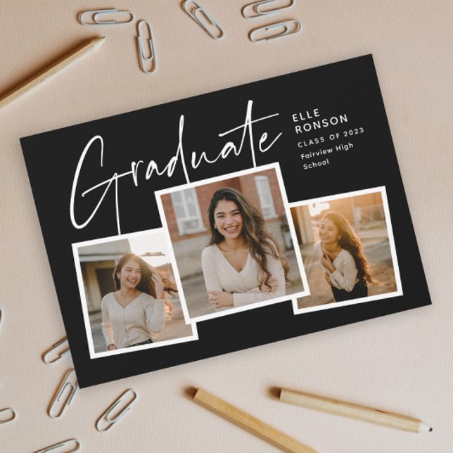 Modern Script Graduate Photo Collage Graduation Invitation (Modern Script Graduate Black and White Photo Collage Graduation Invitation.)