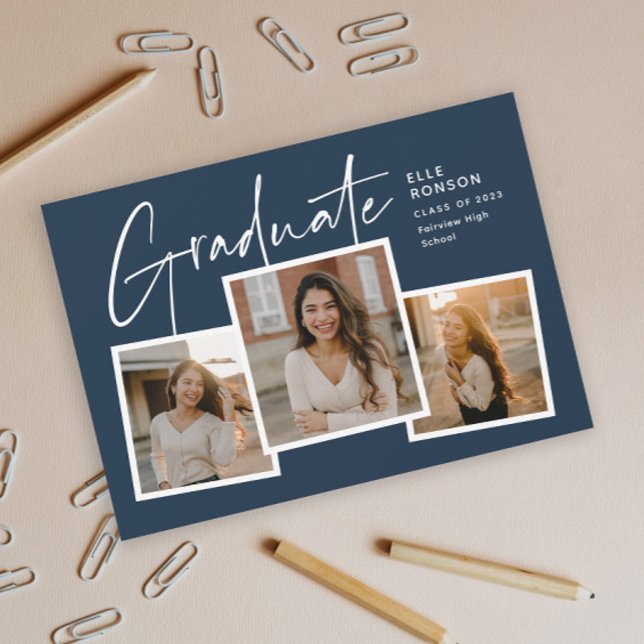 Modern Script Graduate Photo Collage Graduation Invitation (Modern Script Graduate Navy Blue Photo Collage Graduation Invitation.)