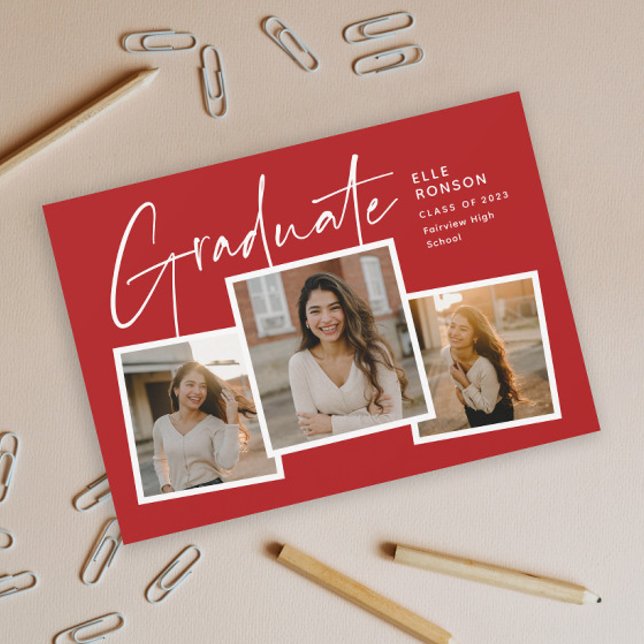 Modern Script Graduate Photo Collage Graduation Invitation (Modern Script Graduate Red Photo Collage Graduation Invitation.)