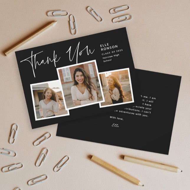 Modern Script Graduate Photo Collage Graduation Thank You Card (Modern script 3 photo collage graduation thank you card.)