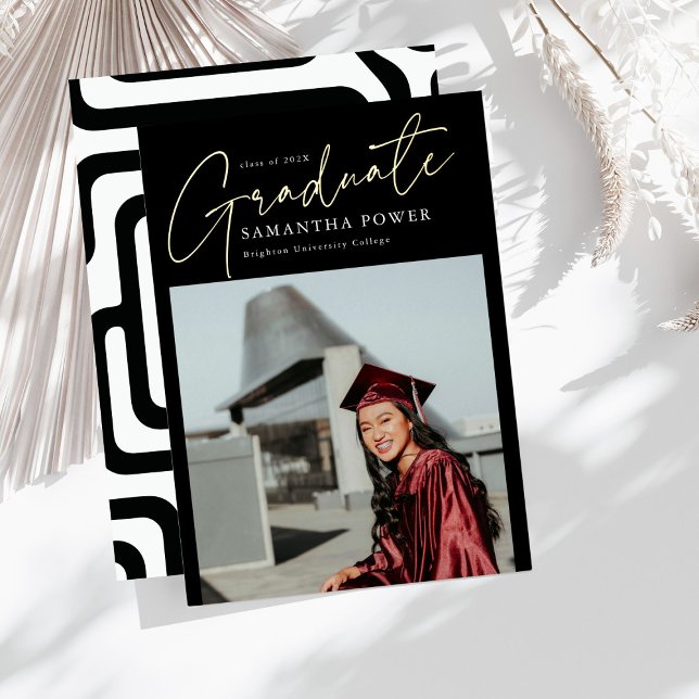 Modern Script  Graduate Photo Geometric Graduation Foil Invitation (Creator Uploaded)