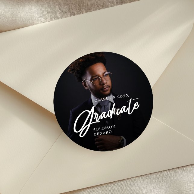 Modern Script Graduate Photo Graduation Classic Round Sticker (Creator Uploaded)
