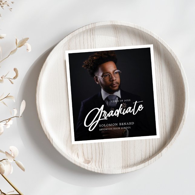 Modern Script Graduate Photo Graduation Napkins (Creator Uploaded)