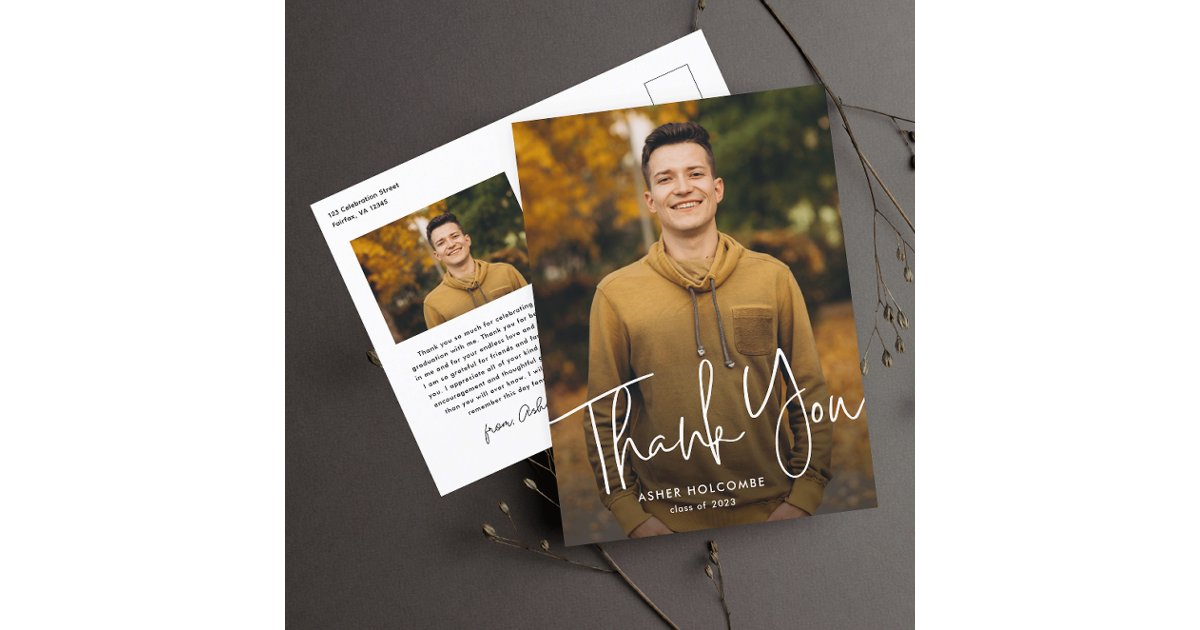 Modern Script Graduate Photo Graduation Thank You Postcard | Zazzle