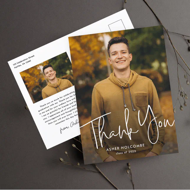 Modern Script Graduate Photo Graduation Thank You Postcard | Zazzle