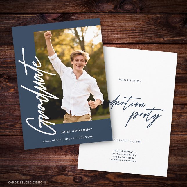 Modern Script Graduate Photo Navy Blue Graduation Invitation (The front and back of the invitation are shown at 5x7-inch size. Choose size, paper, + corner style.)