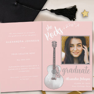 Modern Script Graduate Photo Pink Country Guitar Invitation