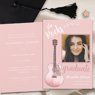 Modern Script Graduate Photo Pink Guitar Invitation