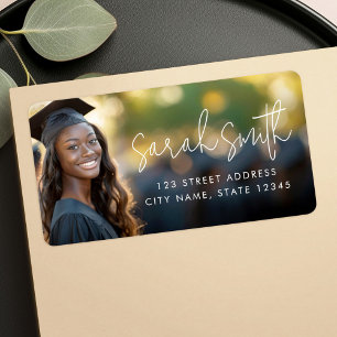 Modern script graduate photo return address label