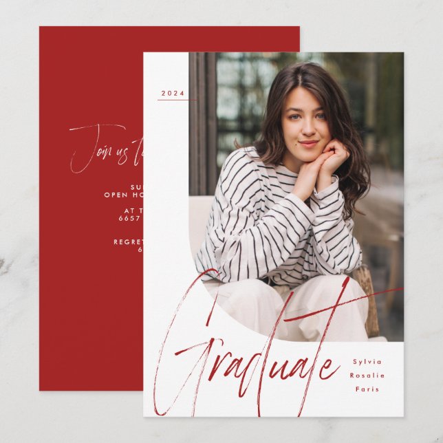 Modern script graduate red one photo graduation invitation (Front/Back)