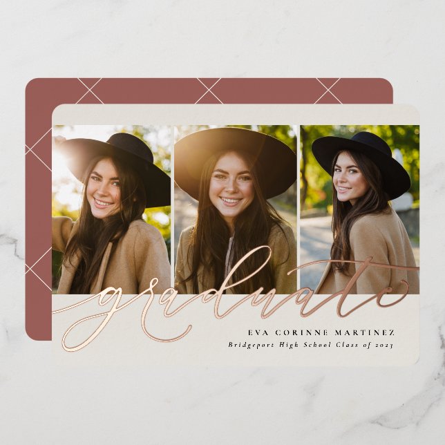 Modern script graduate rose 3 photo graduation foil invitation (Front/Back)