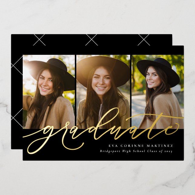 Modern script graduate simple 3 photo graduation f foil invitation (Front/Back)