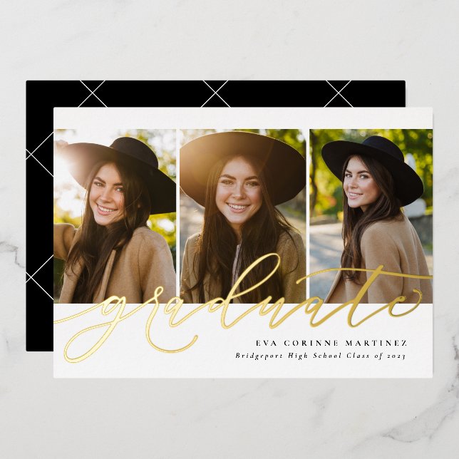 Modern script graduate simple 3 photo graduation foil invitation (Front/Back)