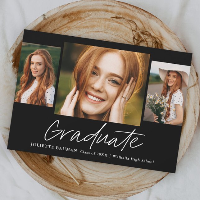 Modern Script Graduate Simple 3 Photo Graduation Invitation (Modern 3 photo collage black and white script minimal graduation invitation.)