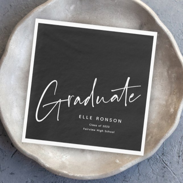 Modern Script Graduate Simple Graduation Napkins (Modern script black and white graduation napkins.)