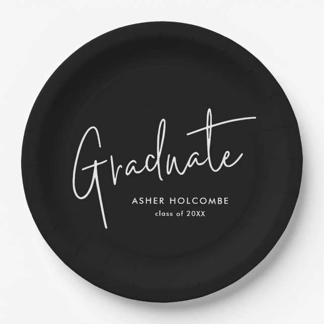 Modern Script Graduate Simple Graduation Paper Plates (Front)