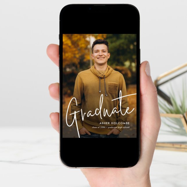 Modern Script Graduate Simple Photo Graduation Announcement (Front Digital)