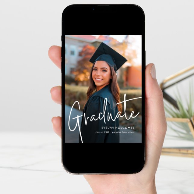 Modern Script Graduate Simple Photo Graduation Announcement (Front Digital)