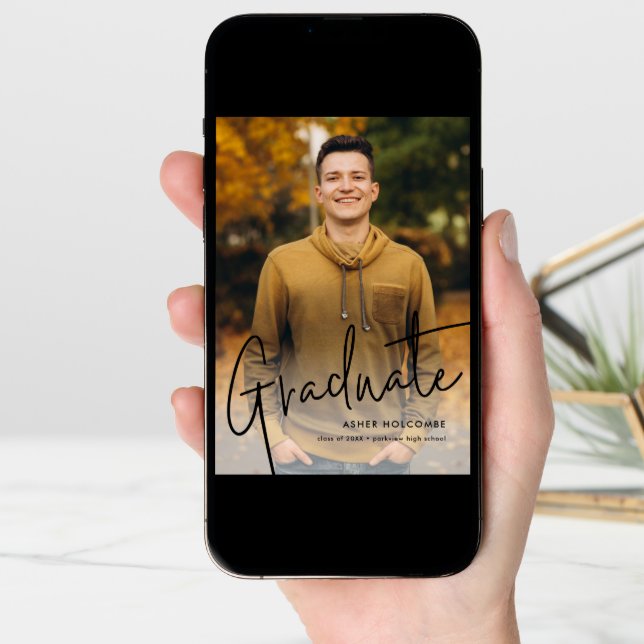Modern Script Graduate Simple Photo Graduation Announcement (Front Digital)