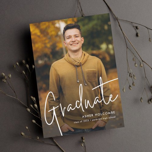 Modern Script Graduate Simple Photo Graduation Announcement Postcard